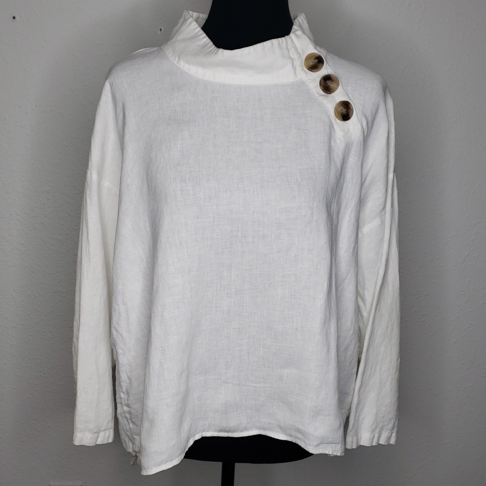 Zara Woman 100% Linen Button Boxy Fit Mockneck Blouse White Size L Neutral